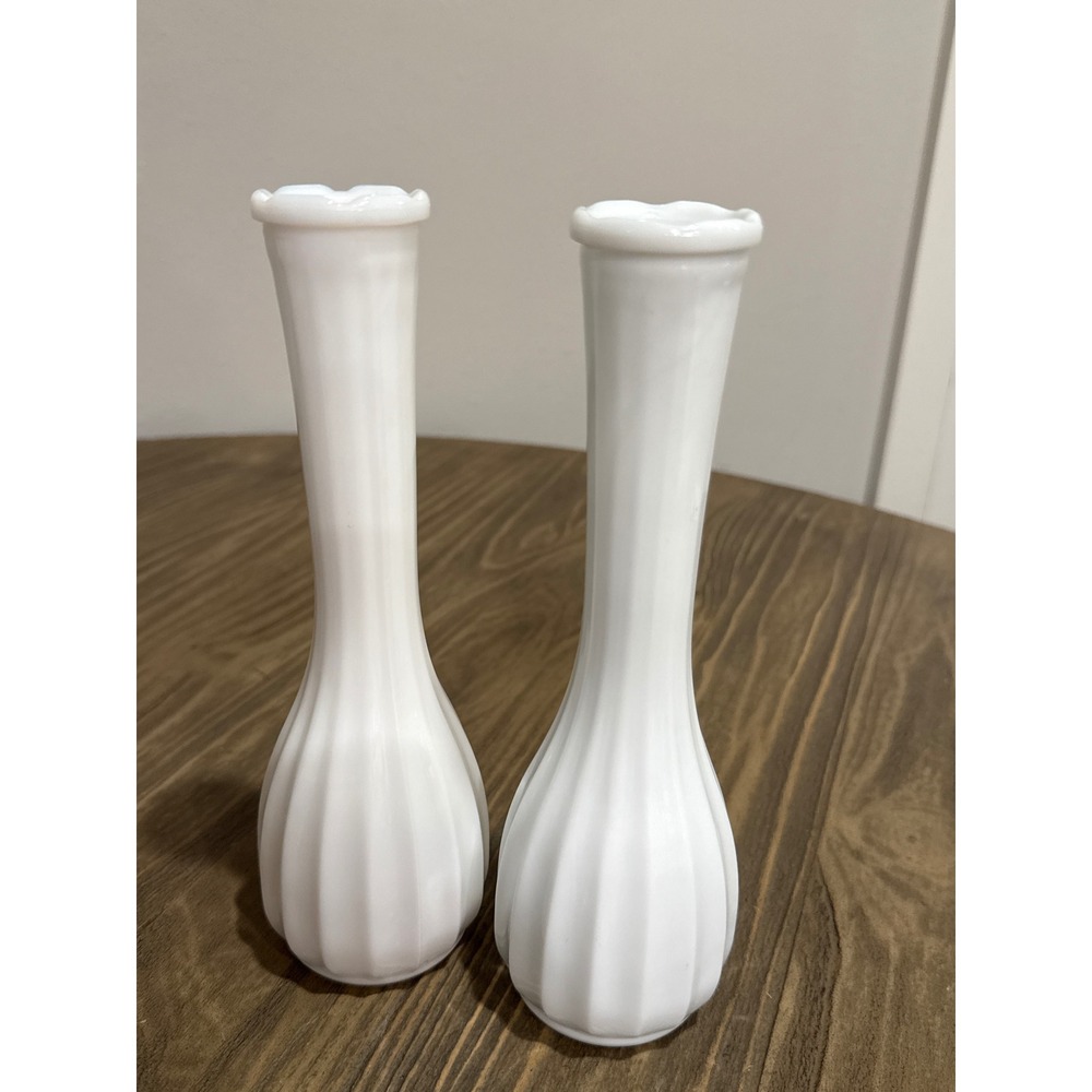 Vintage MCM Milk Glass Bud Vases Lot of 2 CLG Co. White 9" Ribbed Scalloped Rim